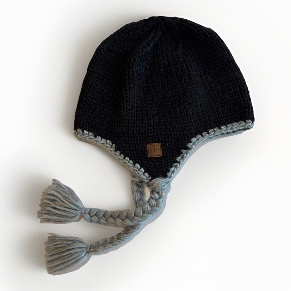 Coal Womens Knit Hat OS Black Beanie Bonnet Ear flap Braided Ties Gorpcore Snow